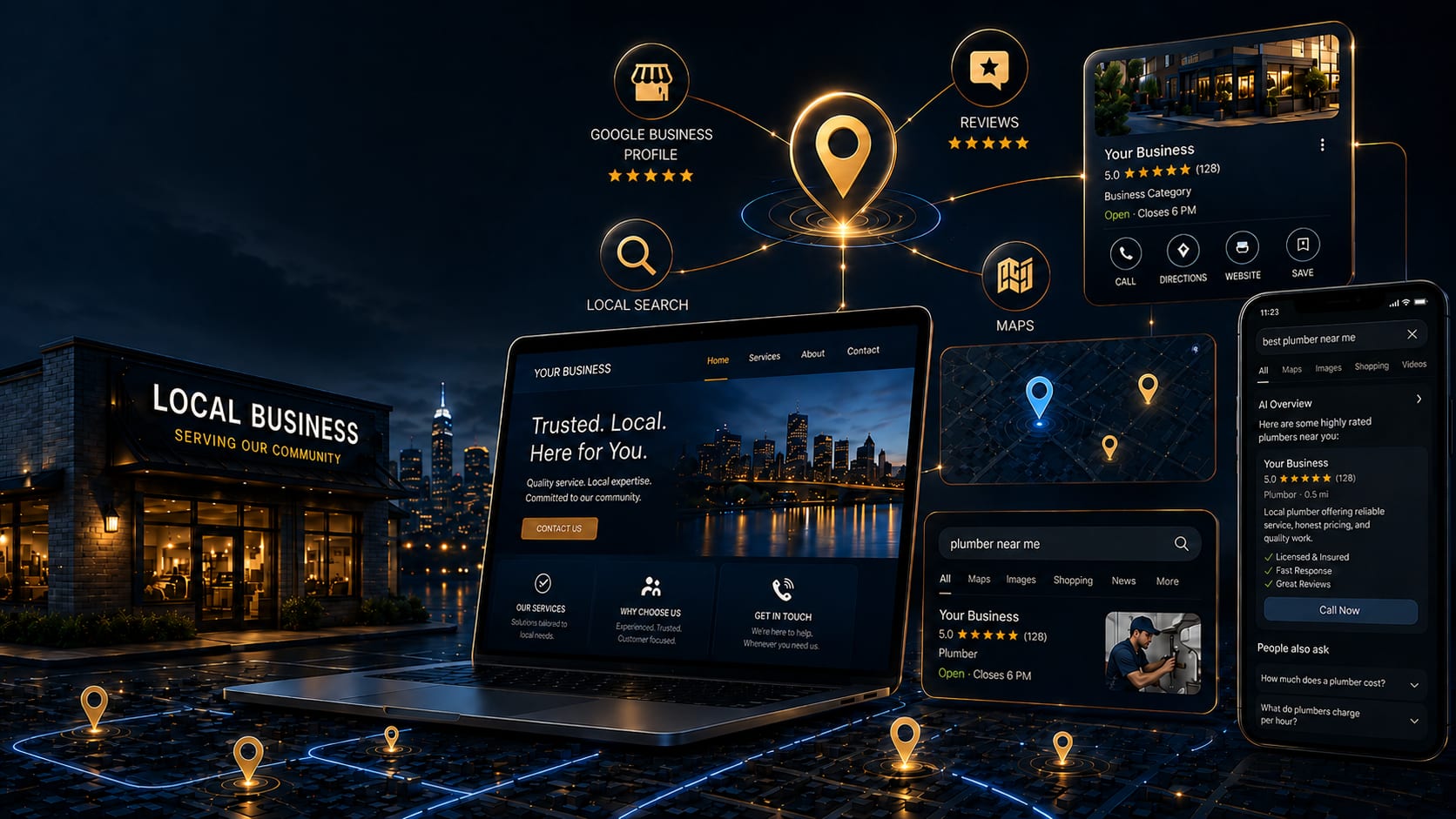 Local SEO hero showing a business website, Google Business Profile, maps, reviews, local search, and customer discovery tools