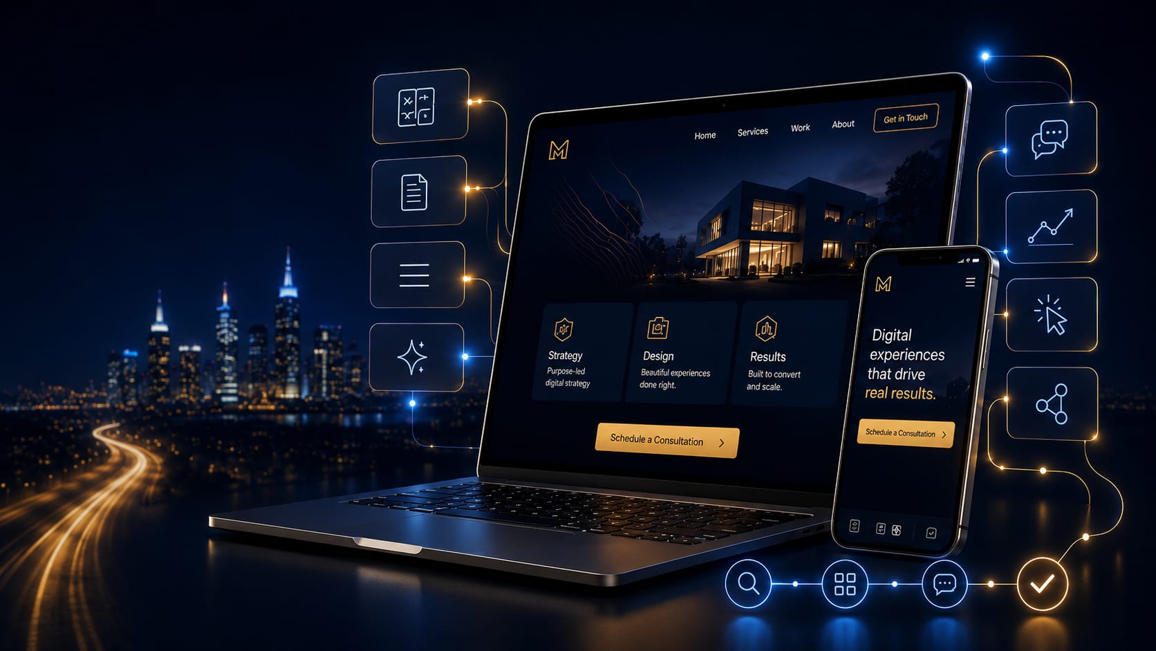 AI-ready website design hero showing a responsive business website, mobile layout, search icons, chat, analytics, and connected conversion paths