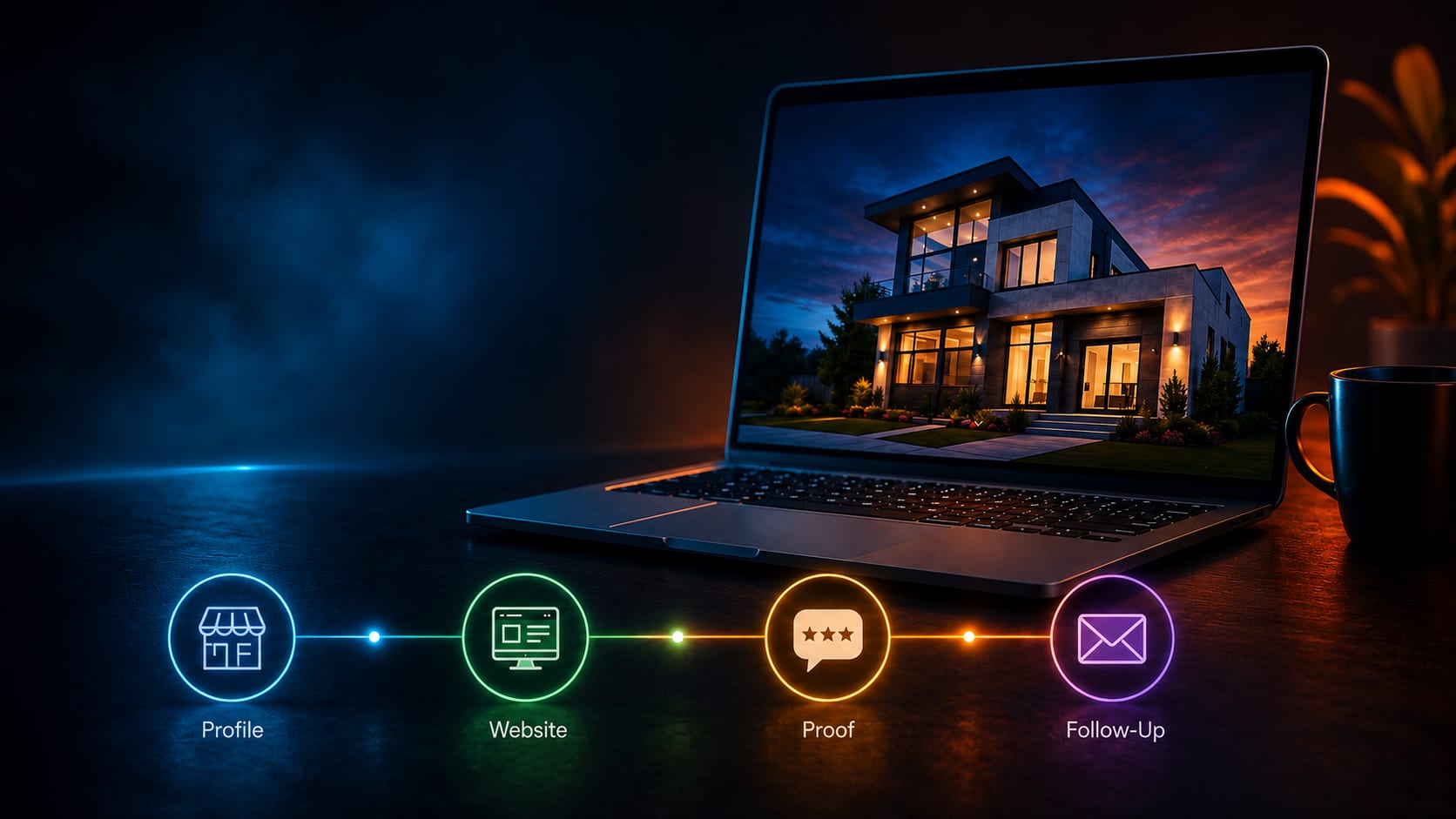 More than a website hero graphic showing a laptop website connected to profile, website, proof, and follow-up icons