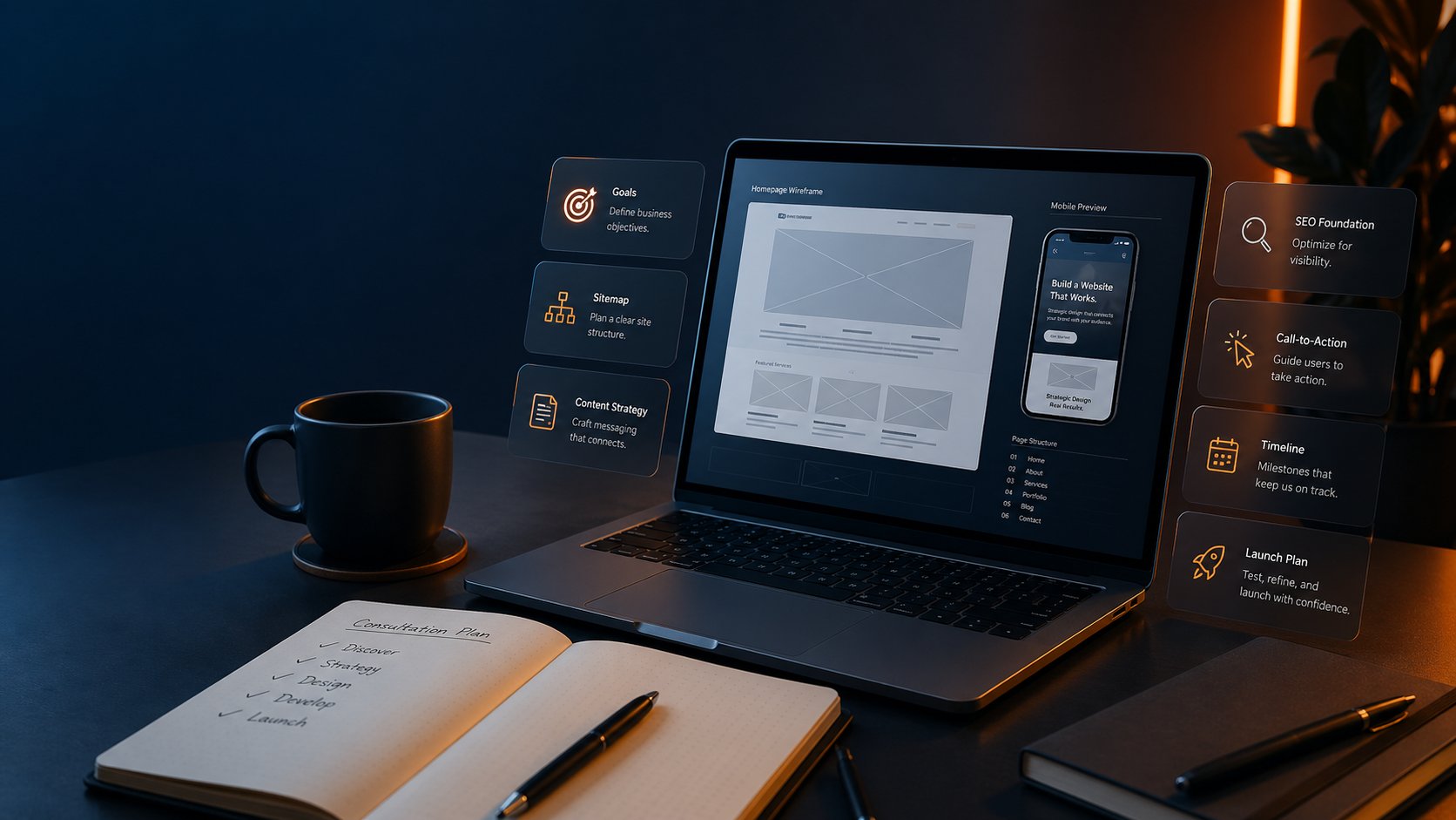 Website design consultation planning workspace with wireframe, goals, SEO, timeline, and launch plan