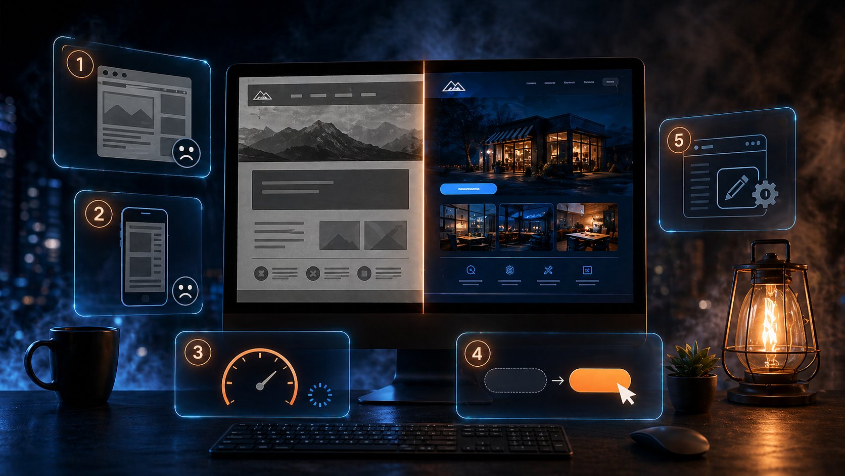Website redesign before and after comparison with five warning signs for outdated small business websites